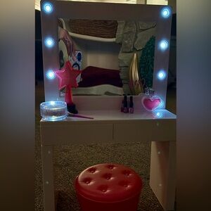 White Vanity Set with Lights and Pink Stool by Our Generation